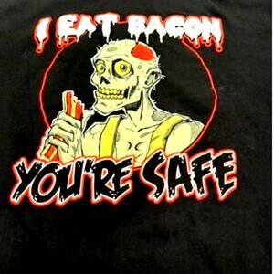 "I EAT BACON YOUR SAFE" Black T-Shirt,Halloween,Skeleton,Foodie,Comical,Size L